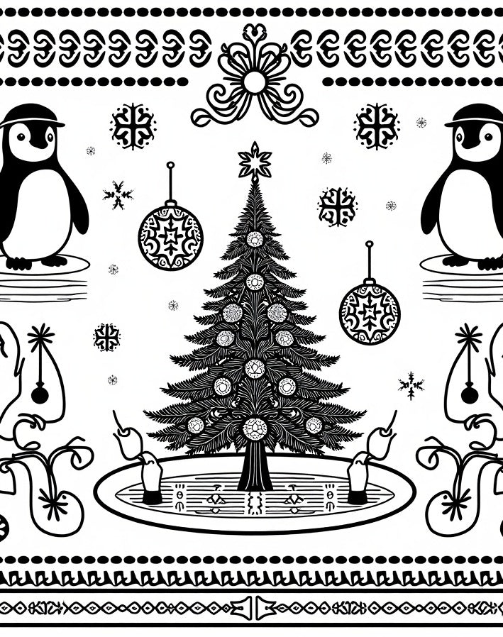 Festive Penguin Christmas Tree Ornaments Rug