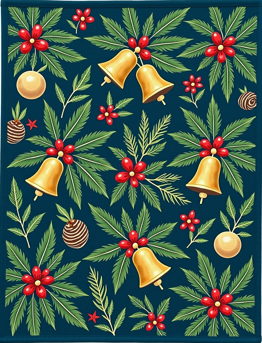 Festive Gold Bells Holly Berries Rug