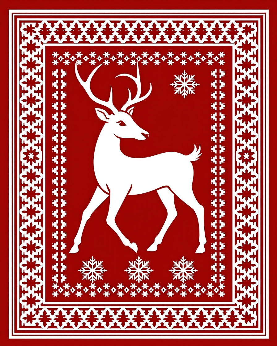 Crimson Deer Snowflake Folk Rug