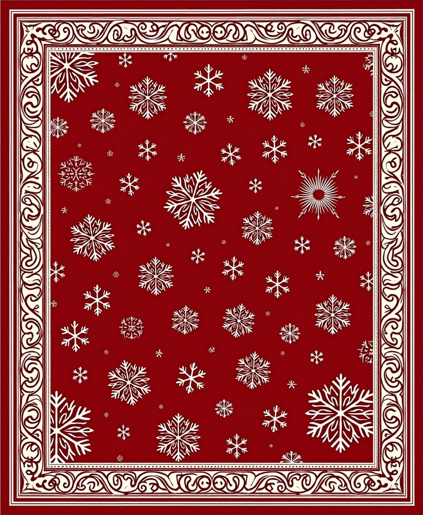 Crimson White Snowflake Holiday Border Rug