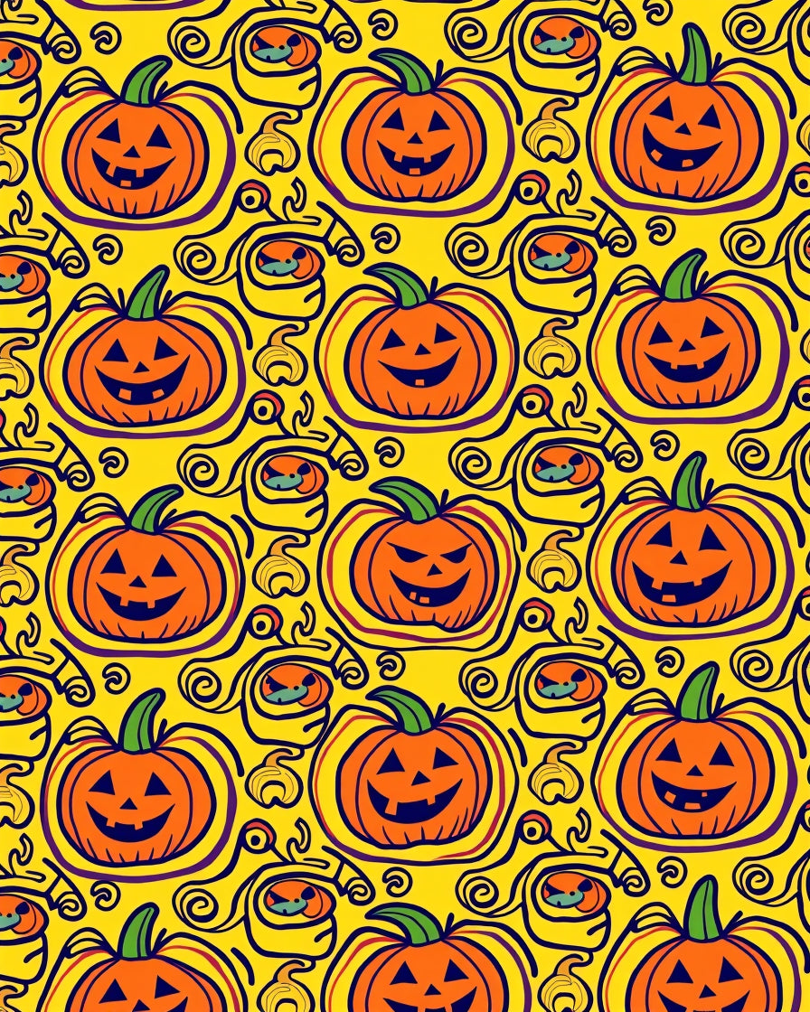 Orange Pumpkin Faces Yellow Swirl Rug