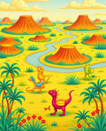 Whimsical Dinosaur Landscape Yellow Green Rug
