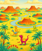 Whimsical Dinosaur Landscape Yellow Green Rug