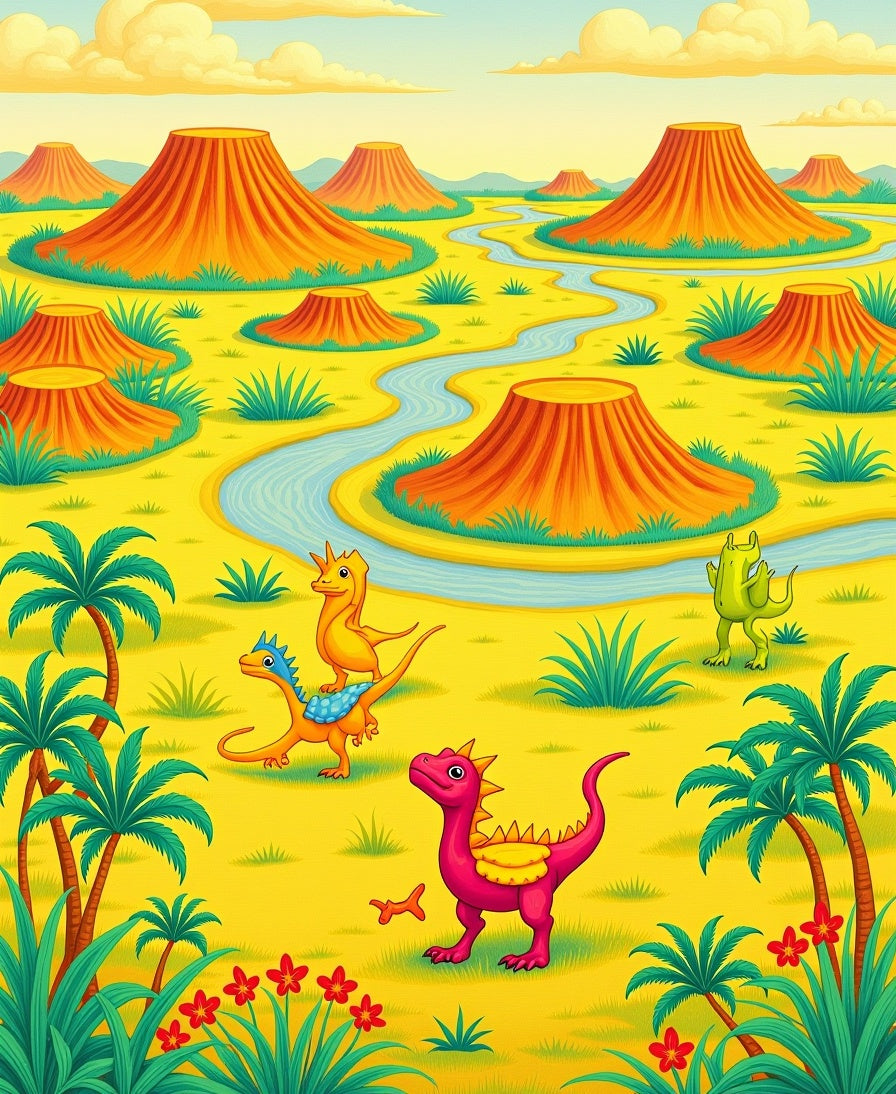 Whimsical Dinosaur Landscape Yellow Green Rug
