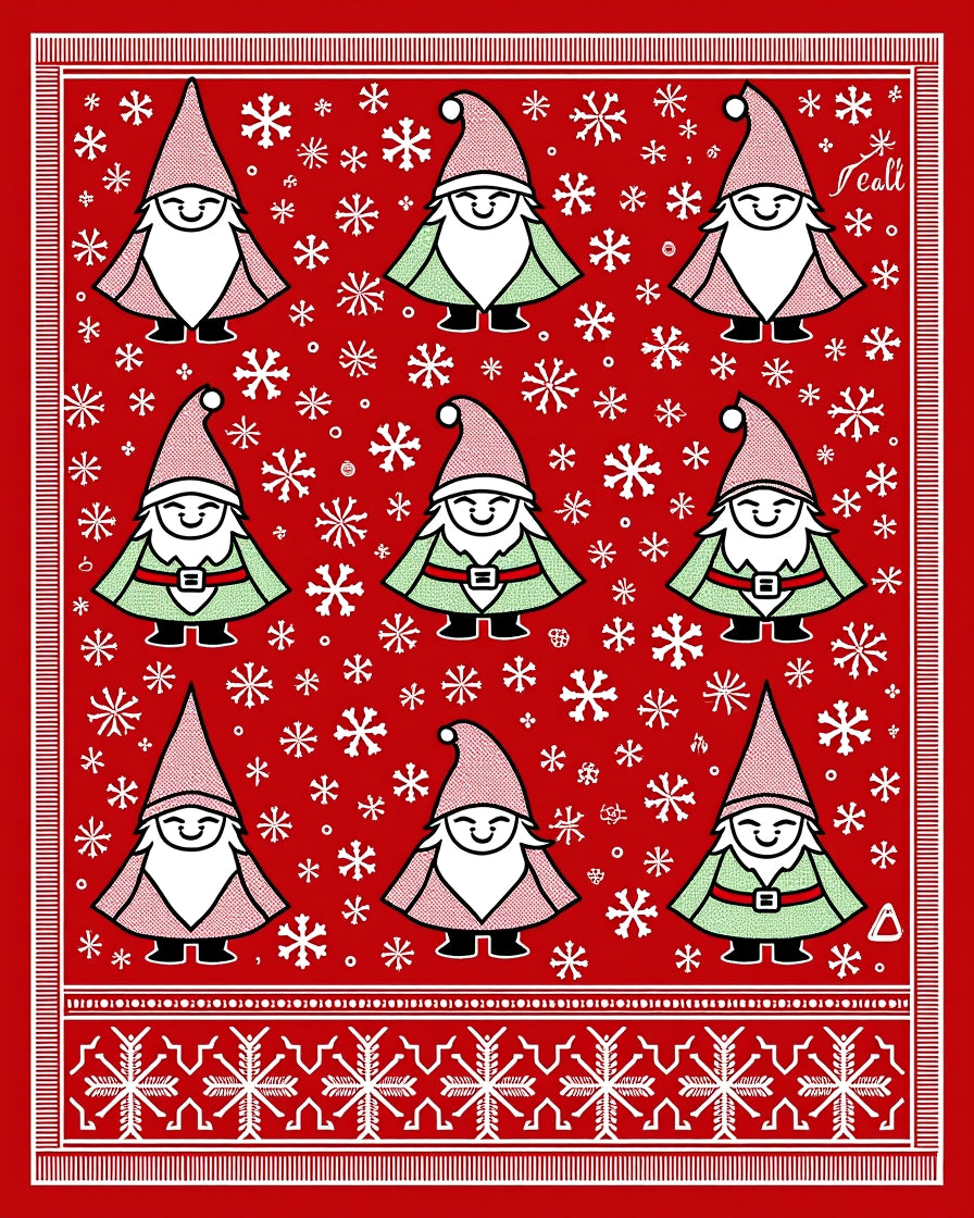 Red Holiday Gnomes Snowflake Border Rug