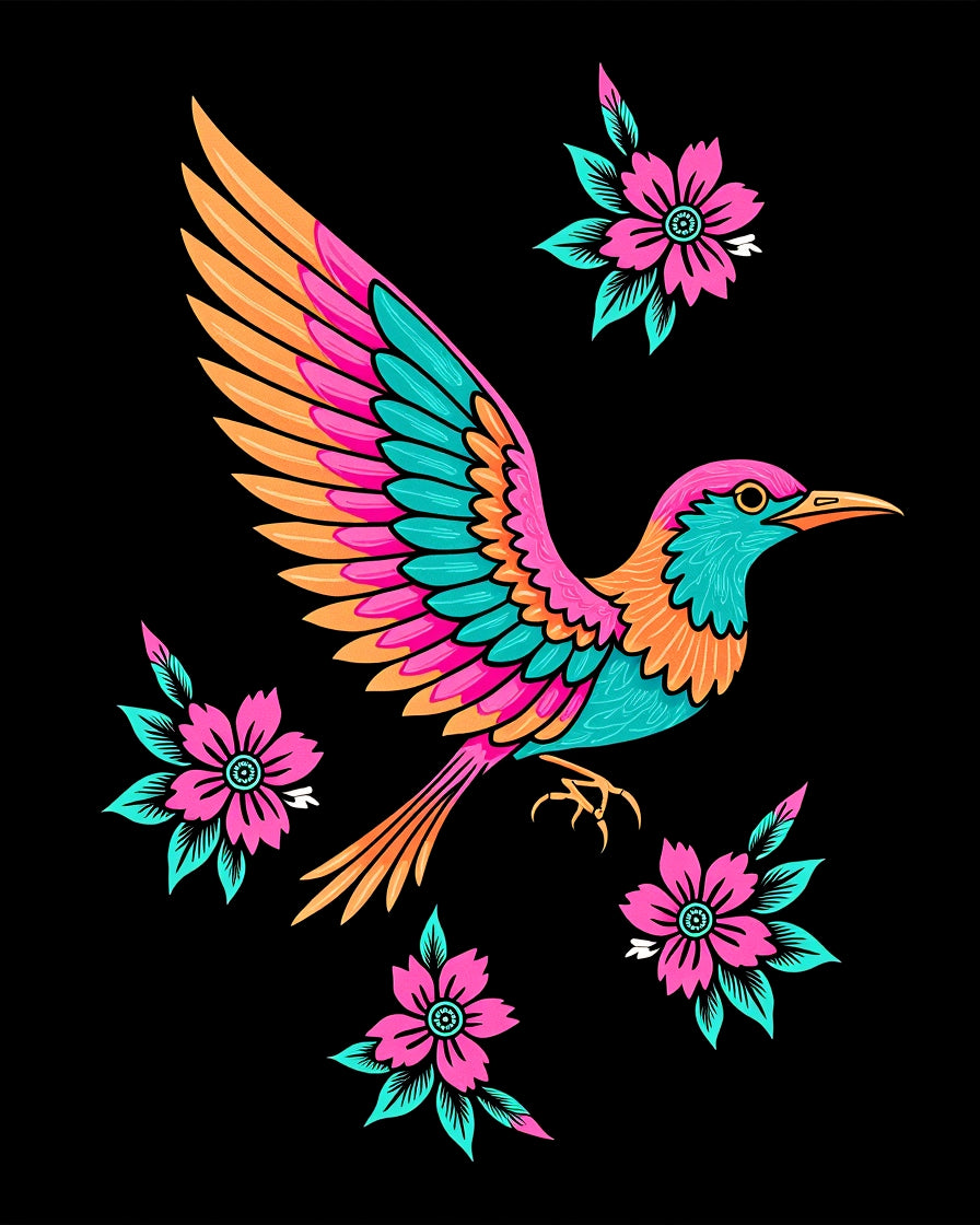 Vibrant Pink Teal Bird Floral Scatter Rug