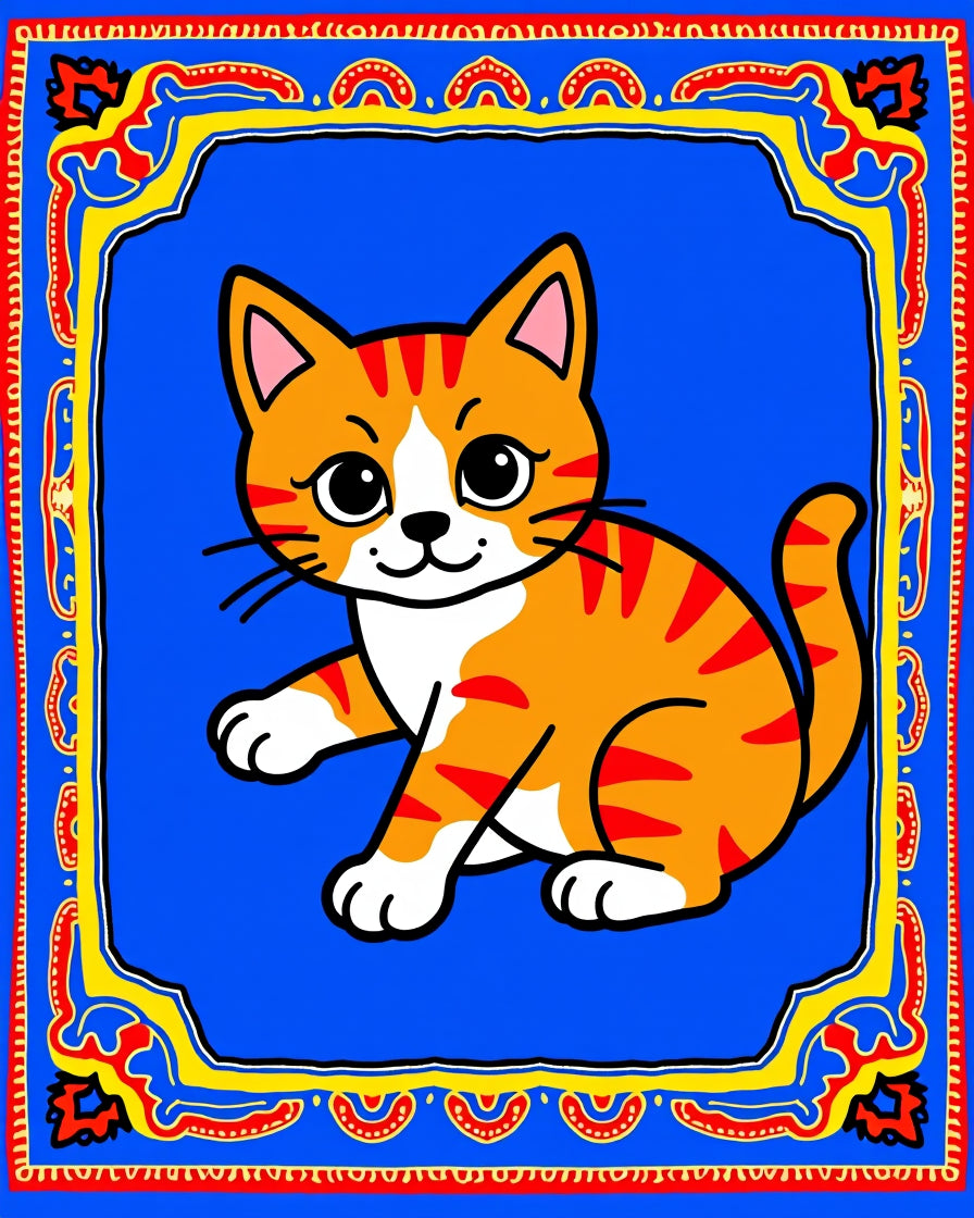 Whimsical Orange Cat Blue Border Rug