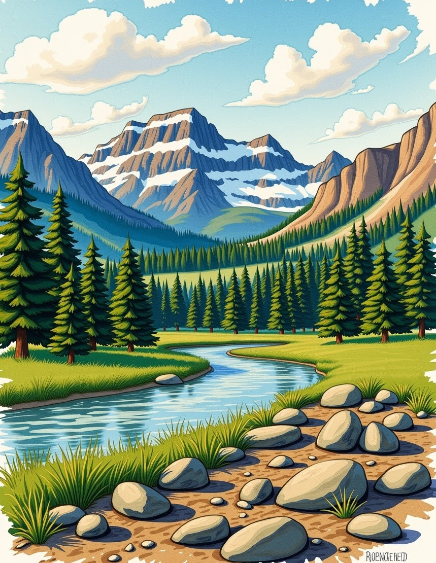 Mountain River Rocky Shore Landscape Rug
