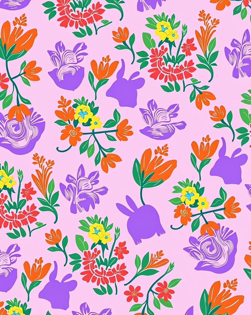 Vibrant Pink Floral Rabbit Meadow Rug