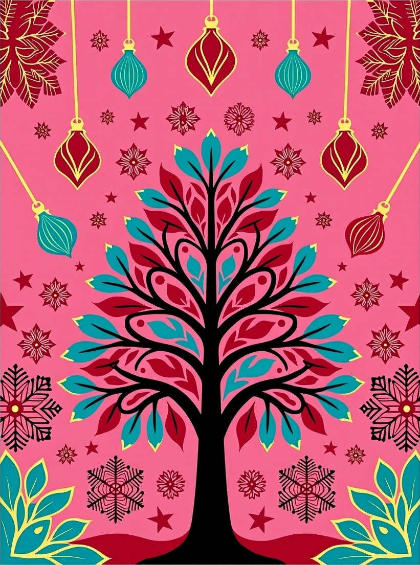 Pink Teal Red Ornament Tree Rug