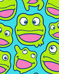 Whimsical Green Frog Faces Blue Background Rug