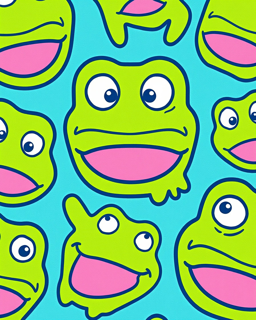 Whimsical Green Frog Faces Blue Background Rug