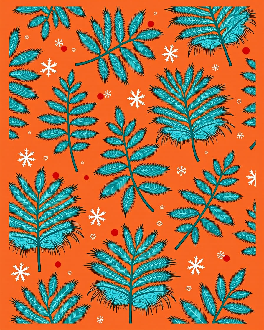 Teal Fern Snowflakes Orange Whimsy Rug
