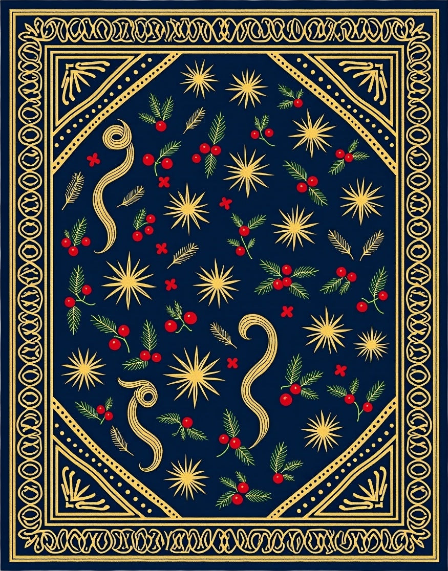 Navy Blue Golden Star Holly Sprig Rug