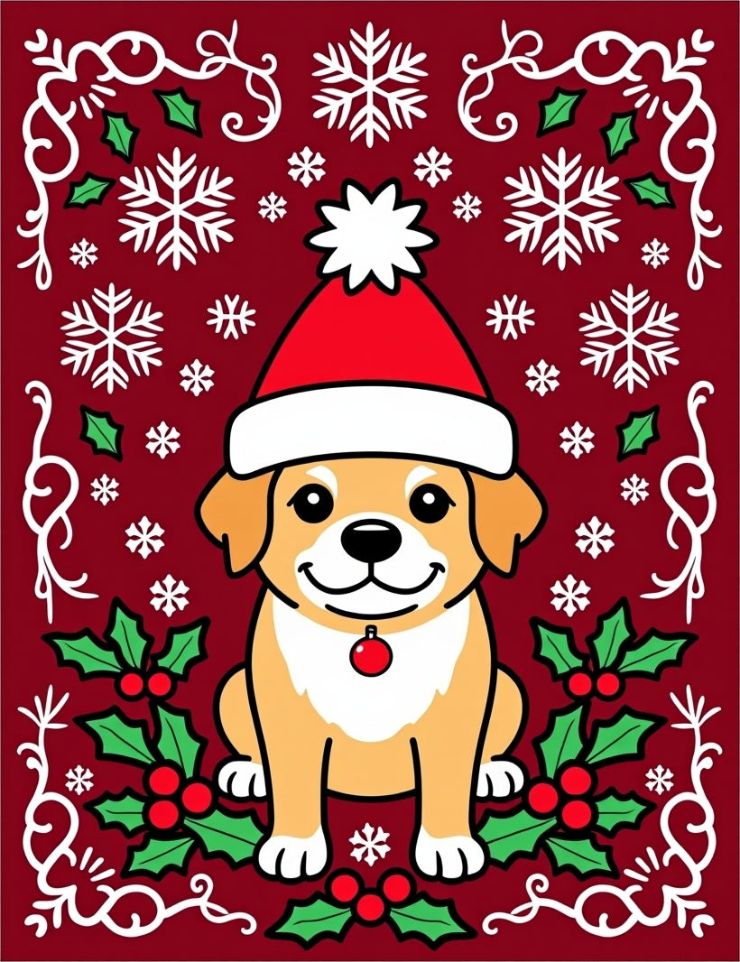 Festive Red Puppy Christmas Snowflakes Rug