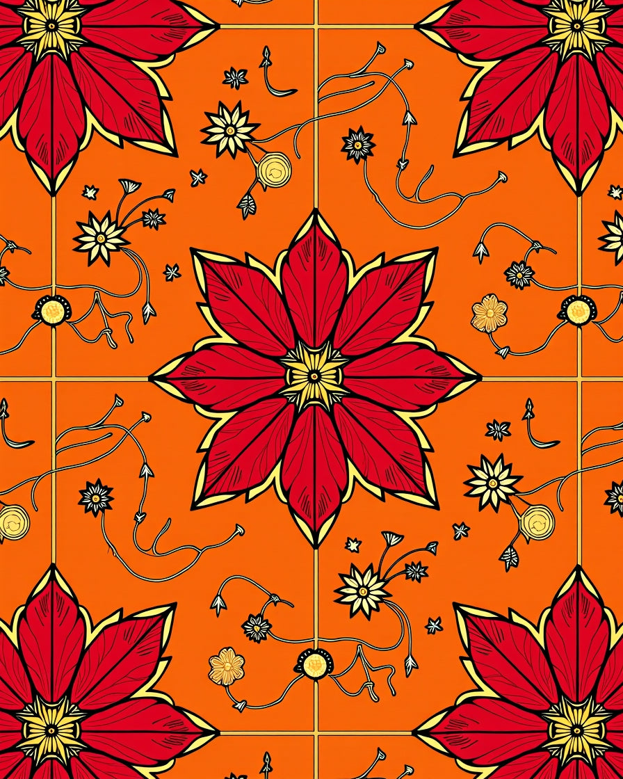 Vibrant Red Golden Floral Medallion Rug