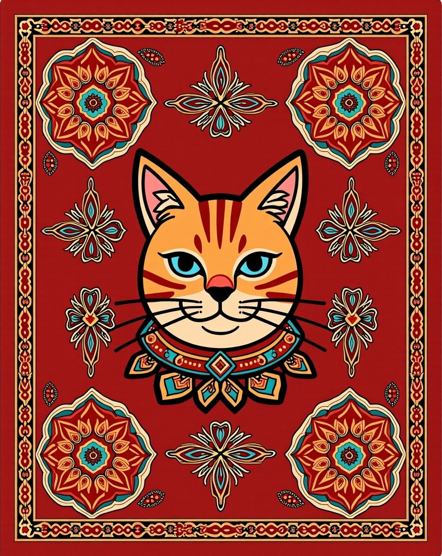 Whimsical Red Cat Medallion Rug