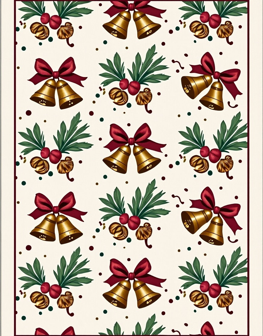 Golden Bells With Red Ribbon Holiday Rug