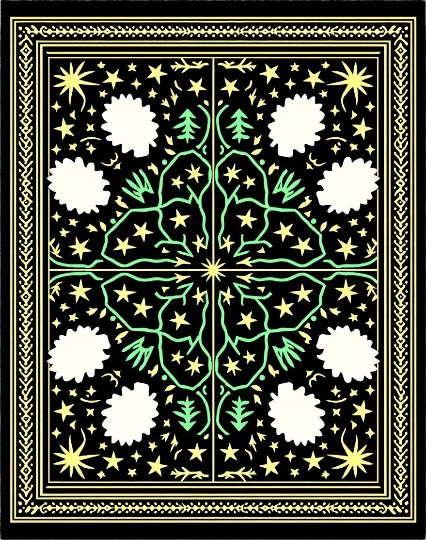 Cosmic Black Yellow Green Starry Trees Rug