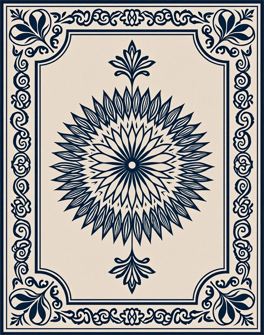 Navy Blue Radial Floral Medallion Rug