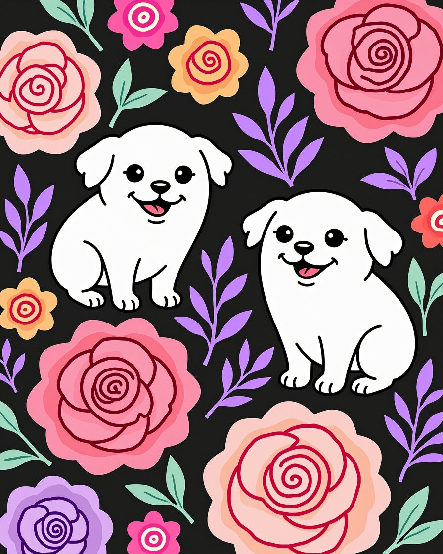 Playful White Pups Floral Garden Rug