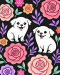 Playful White Pups Floral Garden Rug
