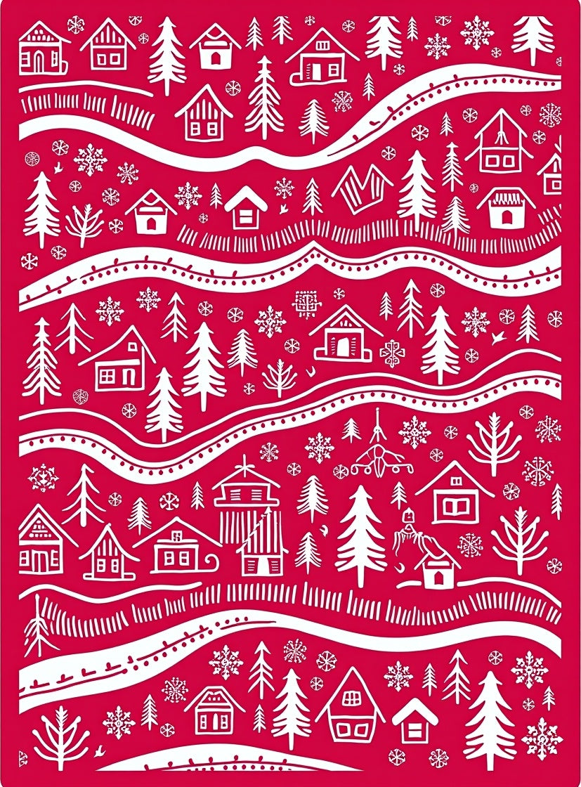 Rustic Red Village Snowy Trees Rug