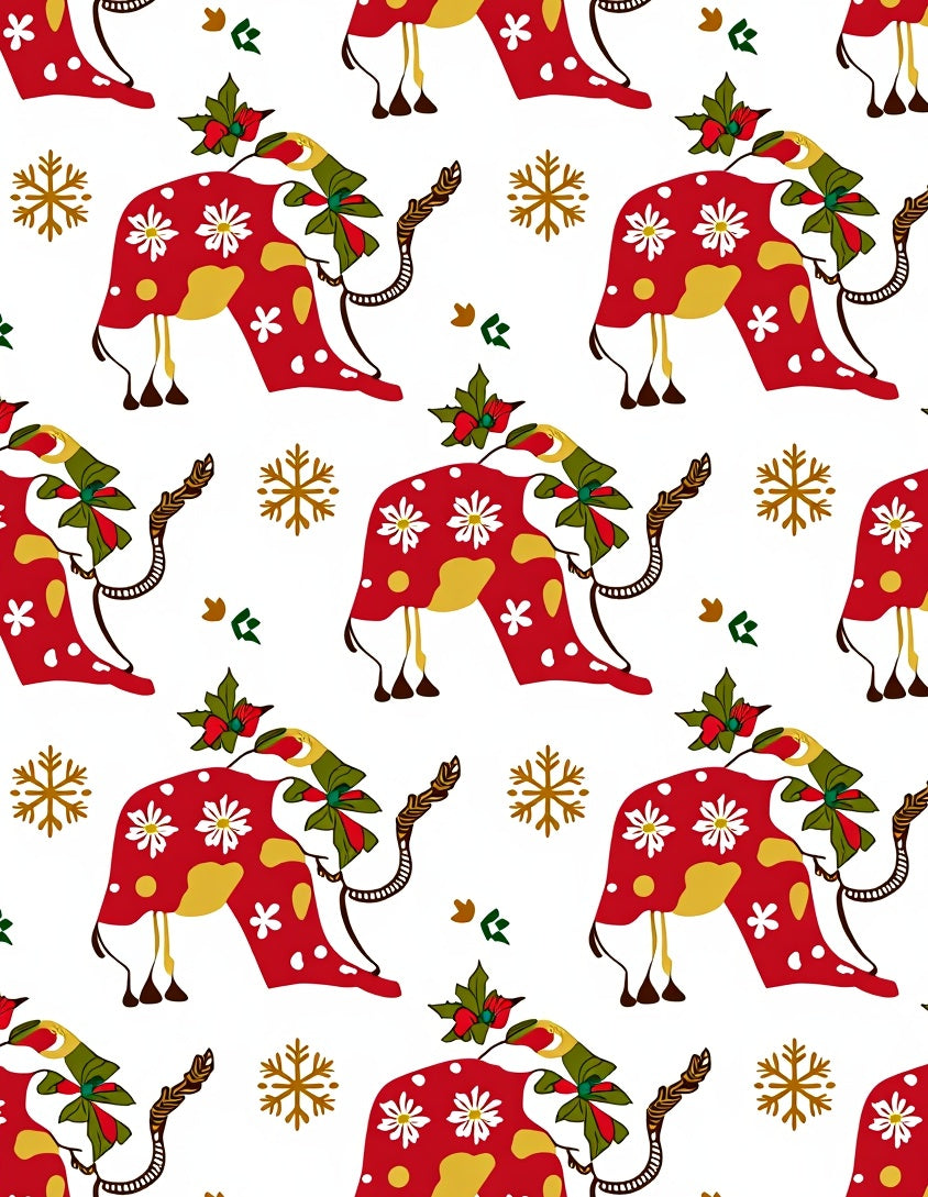 Red Floral Cow Snowflakes Holiday Rug