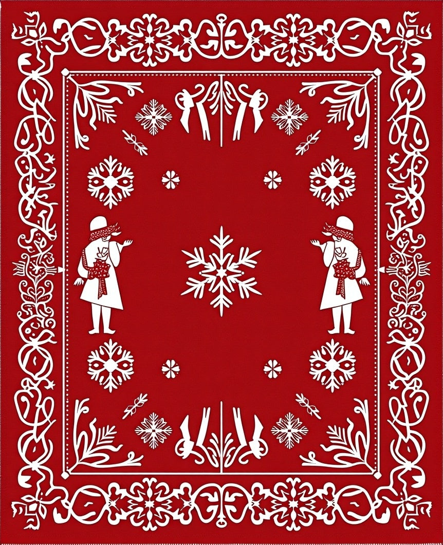 Red White Winter Snowflake Figures Border Rug