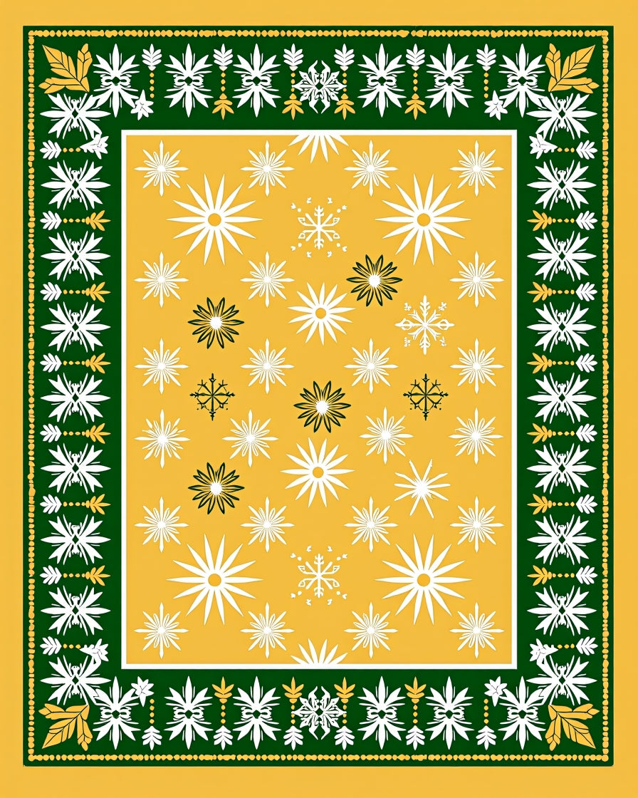 Golden Yellow White Snowflake Border Rug
