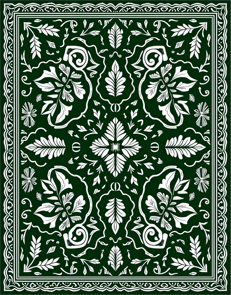 Dark Green White Floral Medallion Border Rug