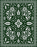 Dark Green White Floral Medallion Border Rug