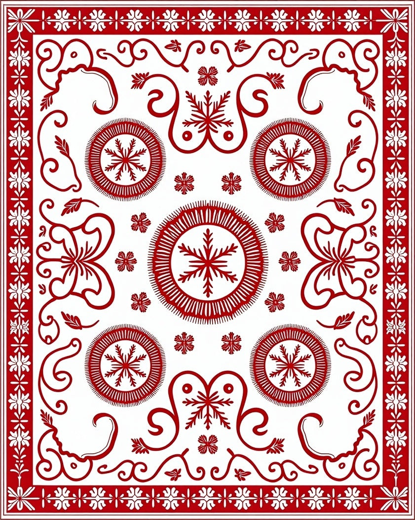 Red White Folk Snowflake Medallion Rug