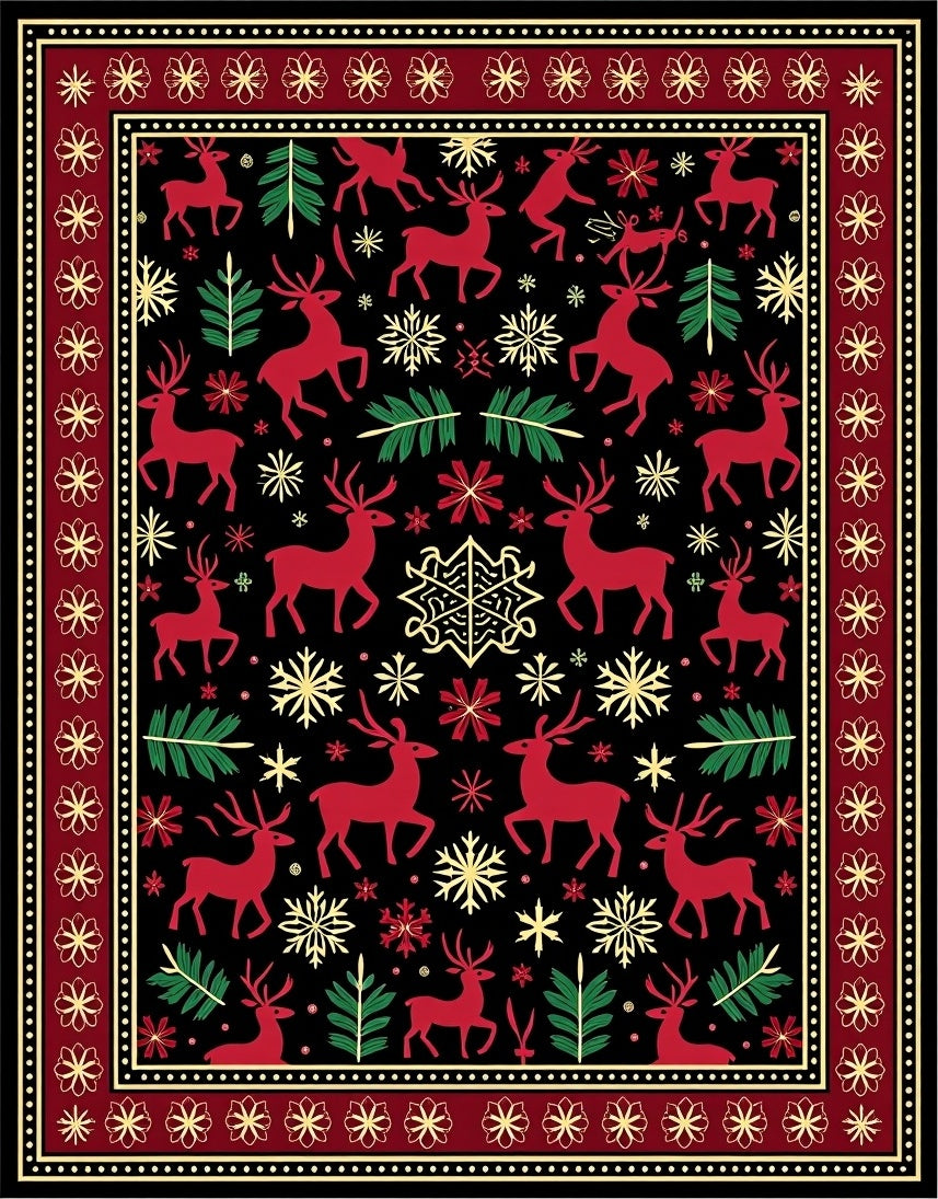 Crimson Reindeer Snowflake Forest Border Rug