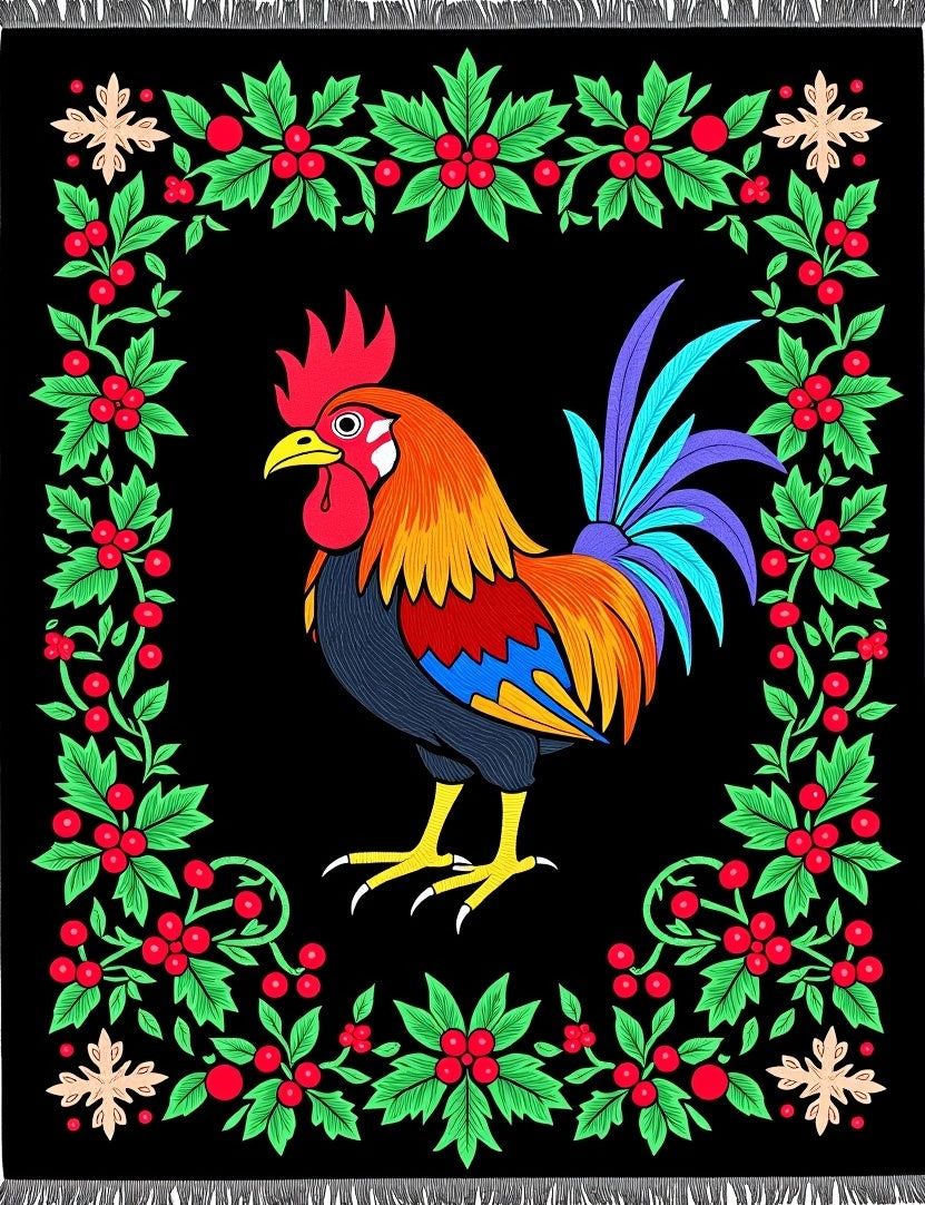 Vibrant Rooster Berry Garland Black Rug