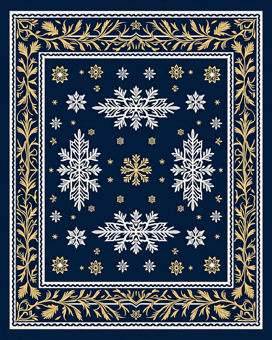 Navy Gold Snowflake Border Rug
