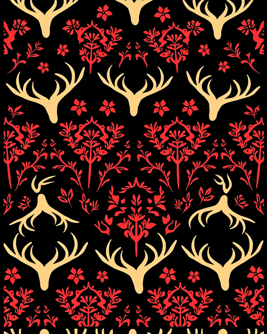 Golden Deer Antler Red Floral Harmony Rug
