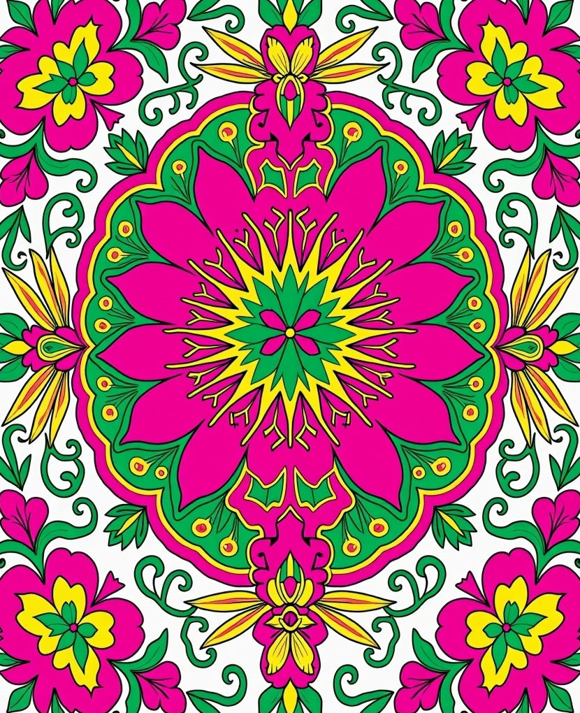 Vibrant Pink Green Yellow Floral Medallion Rug