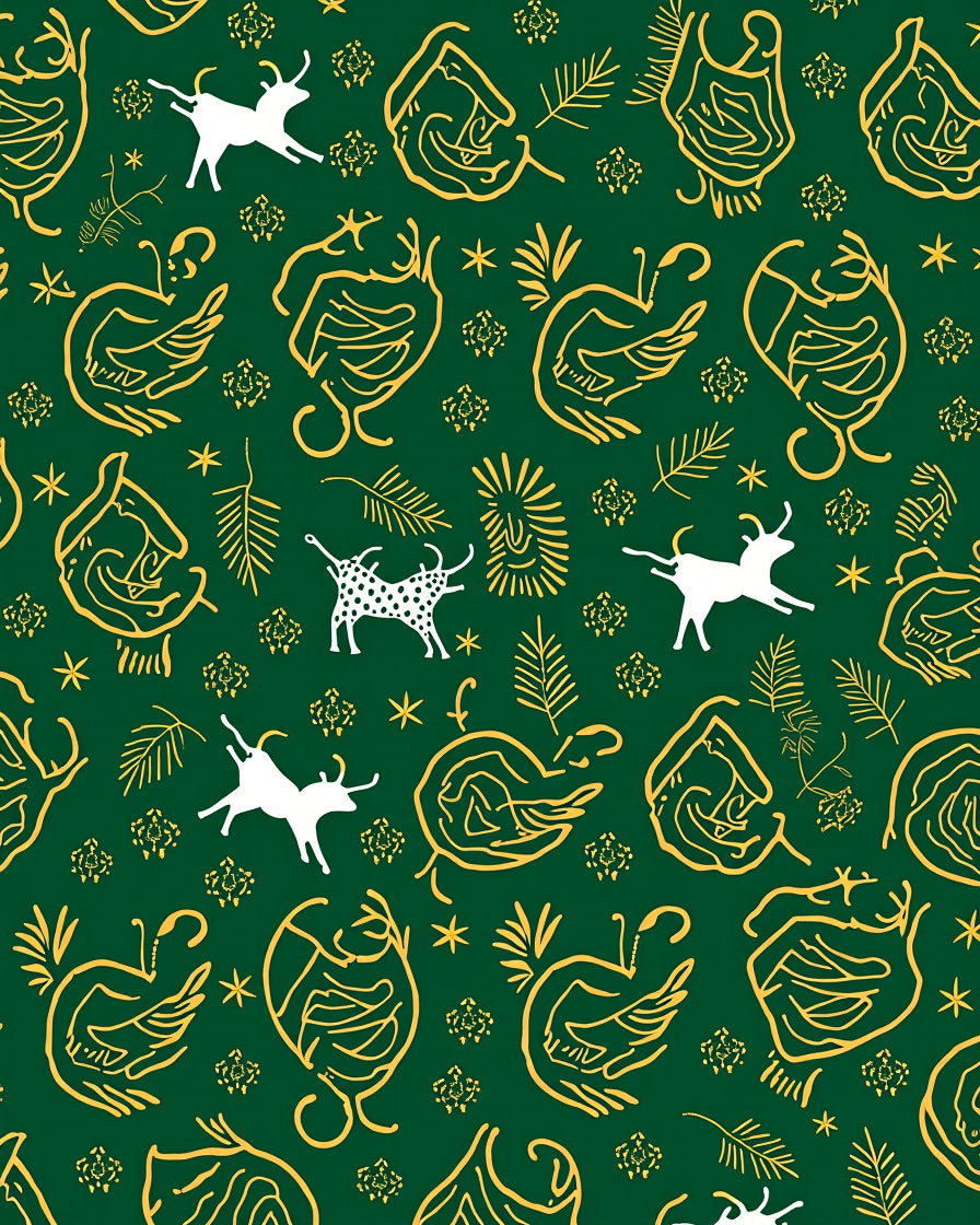 Deep Green Outline Animal Folk Art Rug