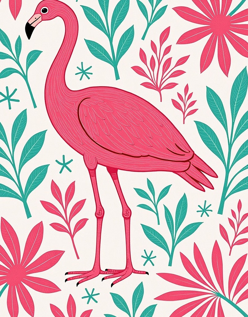 Pink Flamingo Tropical Leaf Collage Rug