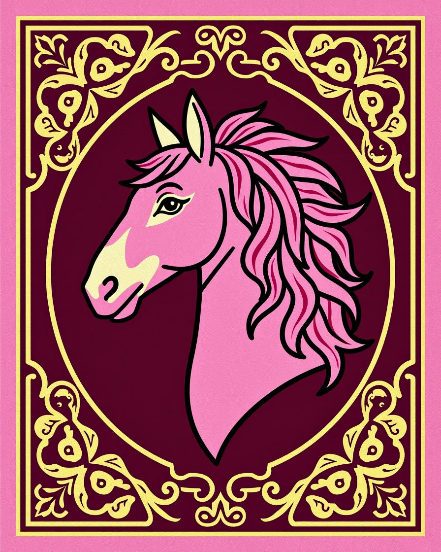 Pink Horse Profile With Golden Scroll Frame Rug