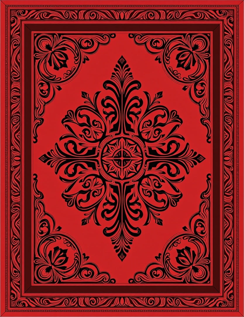 Crimson Black Floral Medallion Frame Rug