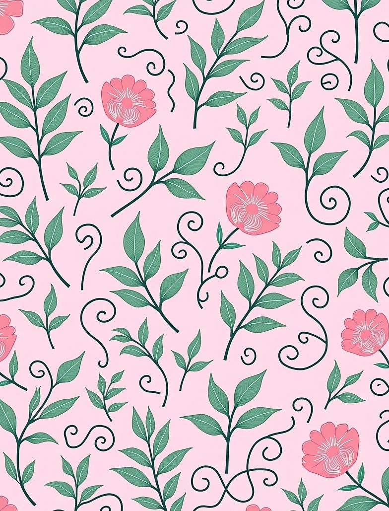 Pink Floral Green Leaf Swirls Rug