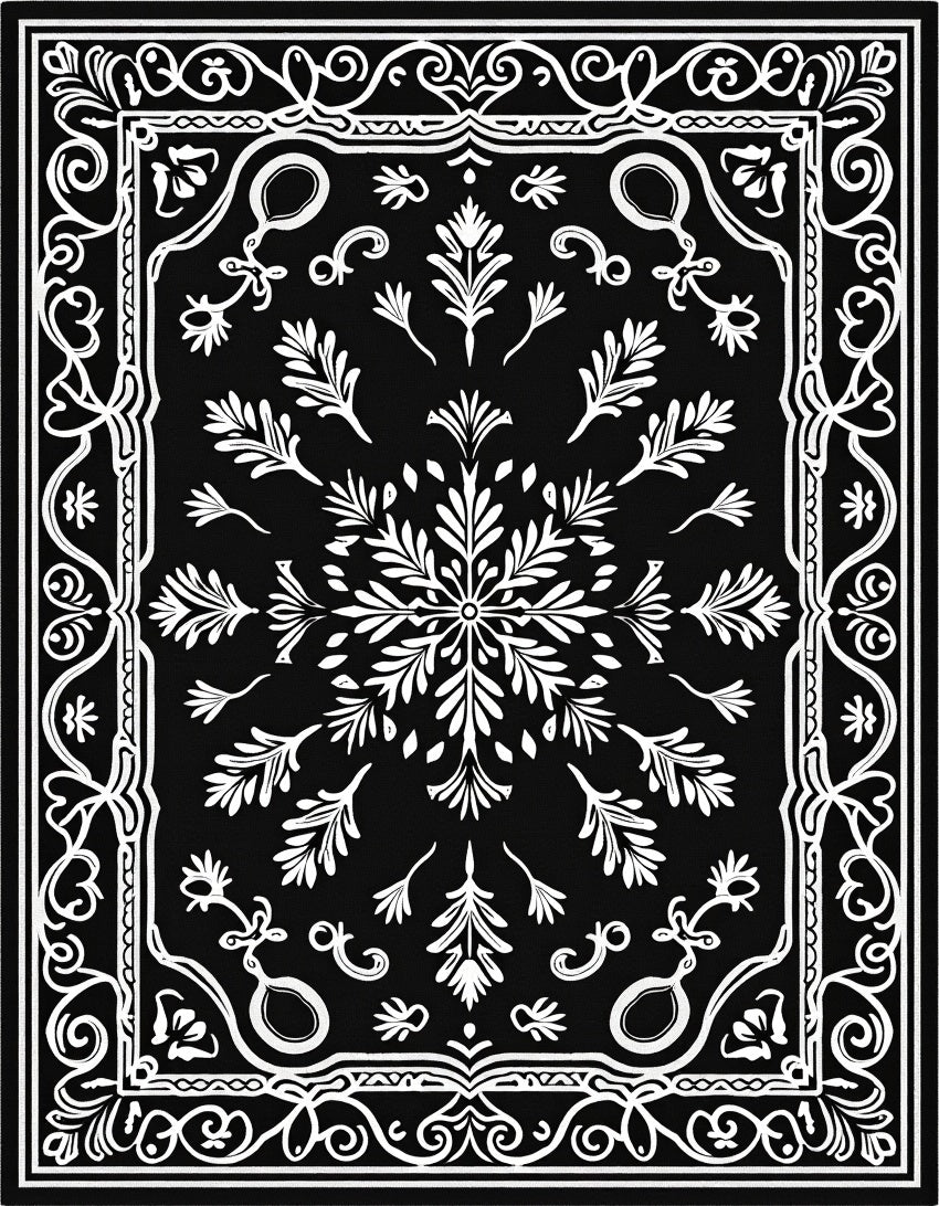 Monochromatic Black White Floral Medallion Rug