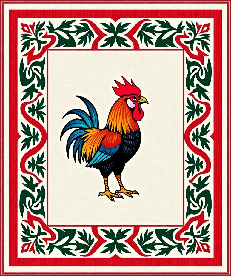 Vibrant Rooster Red Green Border Rug