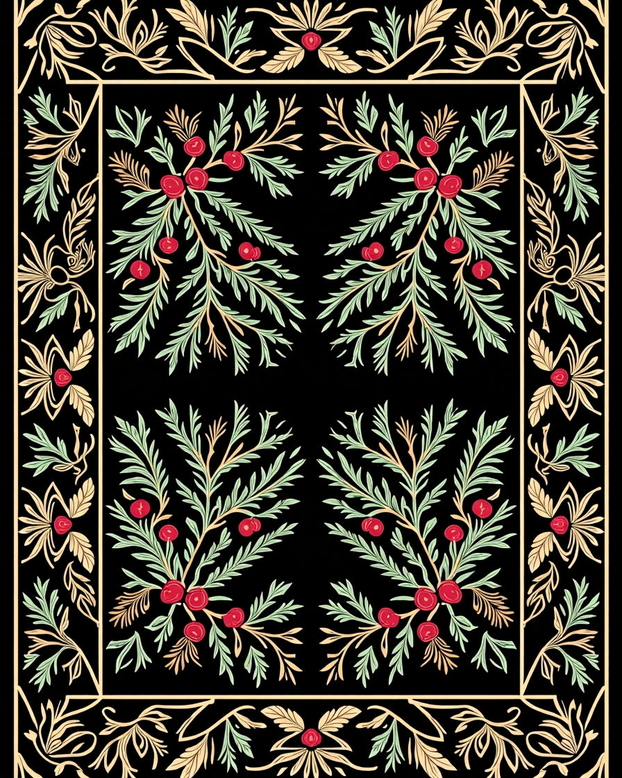 Crimson Berry Sprigs Botanical Border Rug