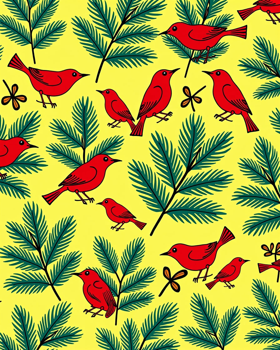 Vibrant Red Birds Evergreen Branches Rug