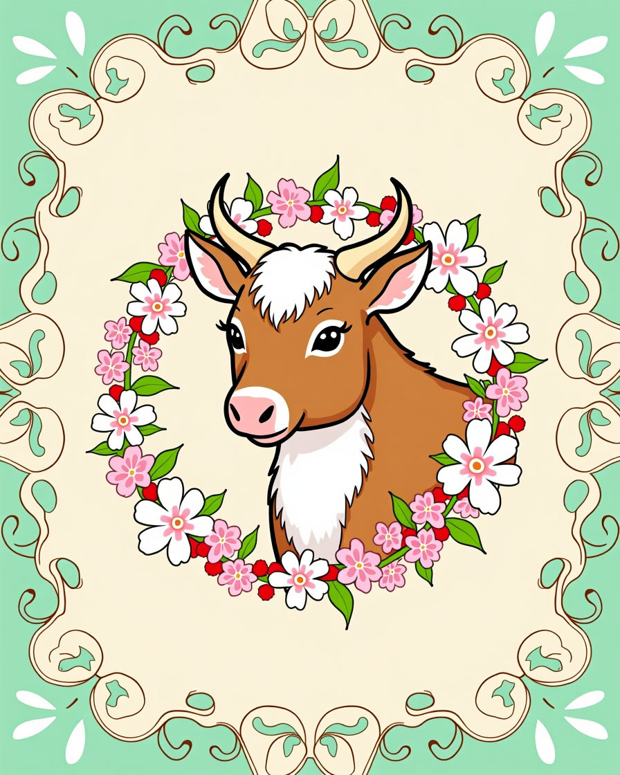 Brown Cow Floral Wreath Frame Rug