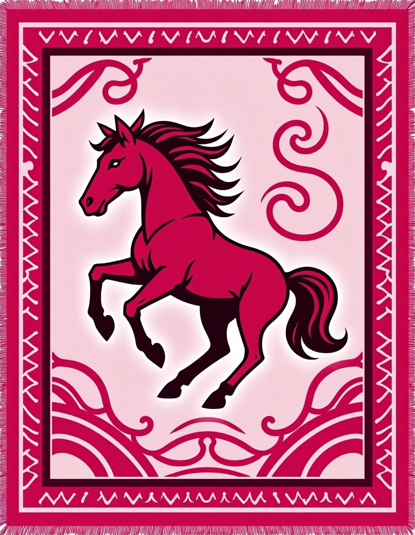 Crimson Rearing Horse Floral Border Rug