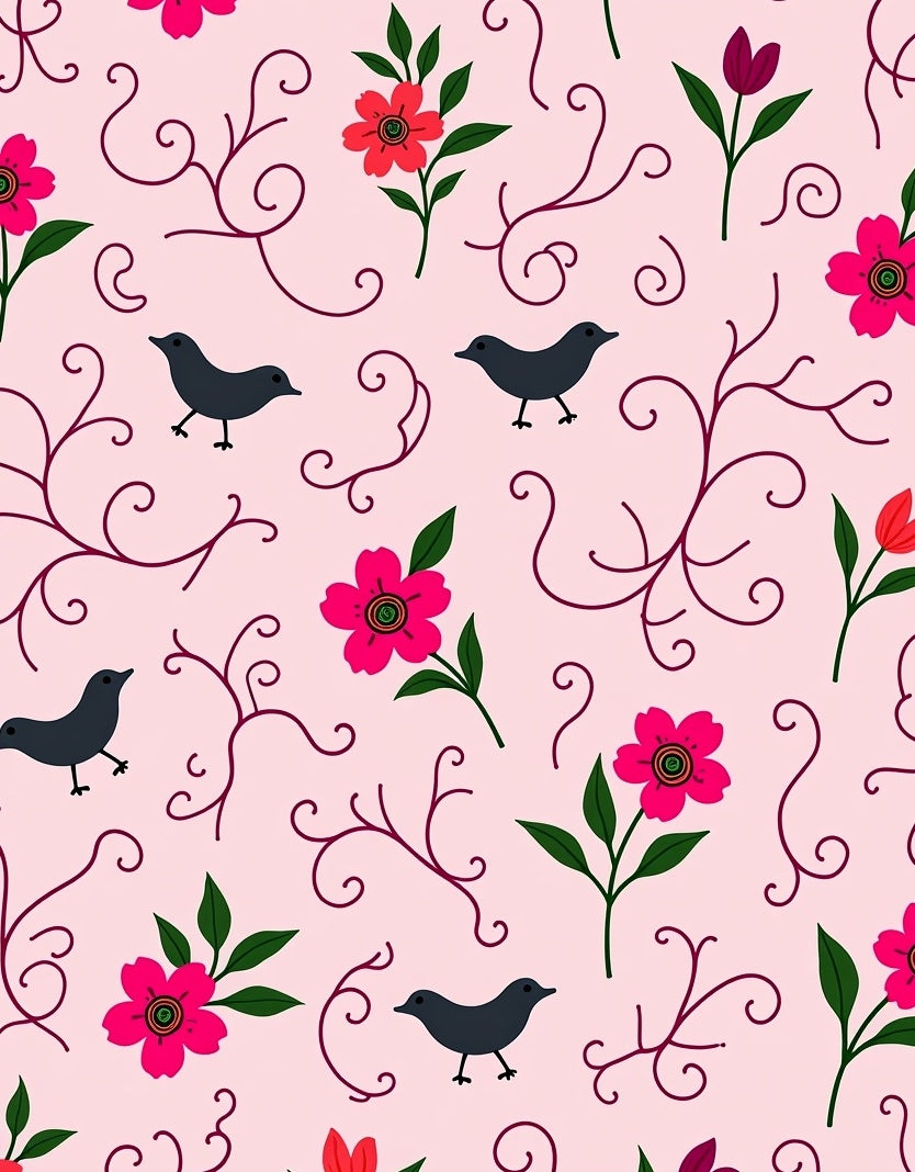 Pink Floral Bird Silhouette Garden Rug